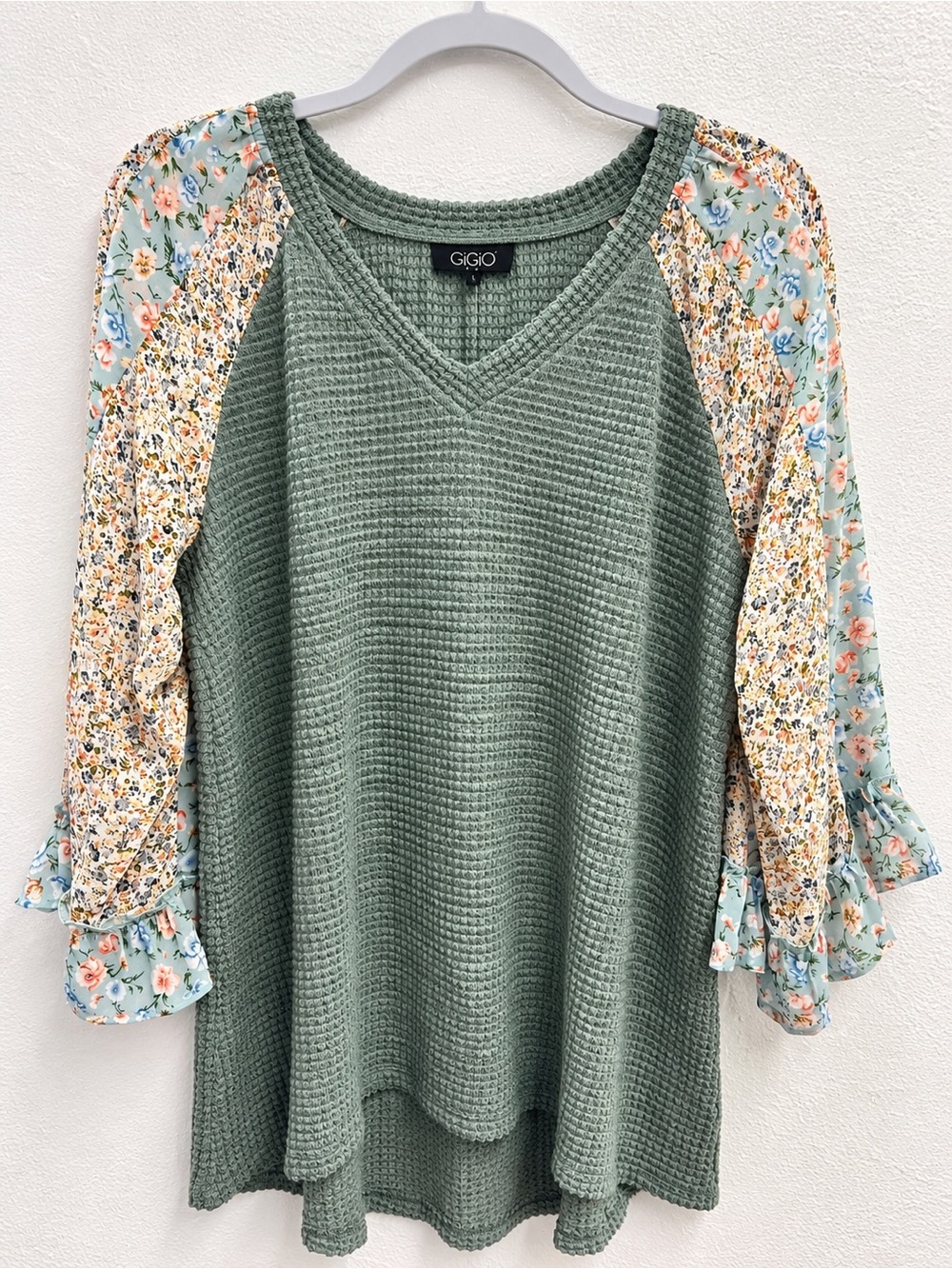 GIGIO Sage Green Waffle Knit Top with Floral Raglan Sleeves